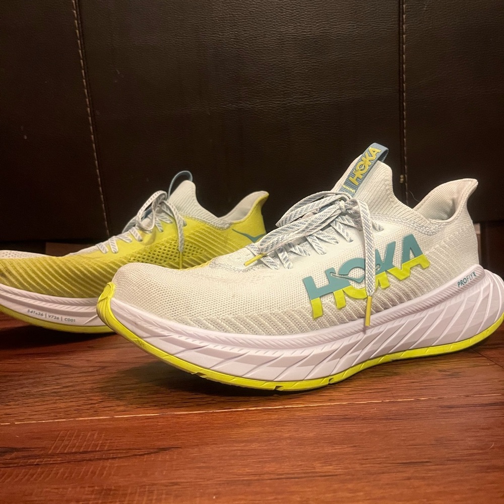 Hoka White and Lime Running Shoes Men’s size 12.